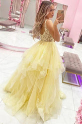 Layered Tulle A-line V-neck Long Prom Dresses With Appliques